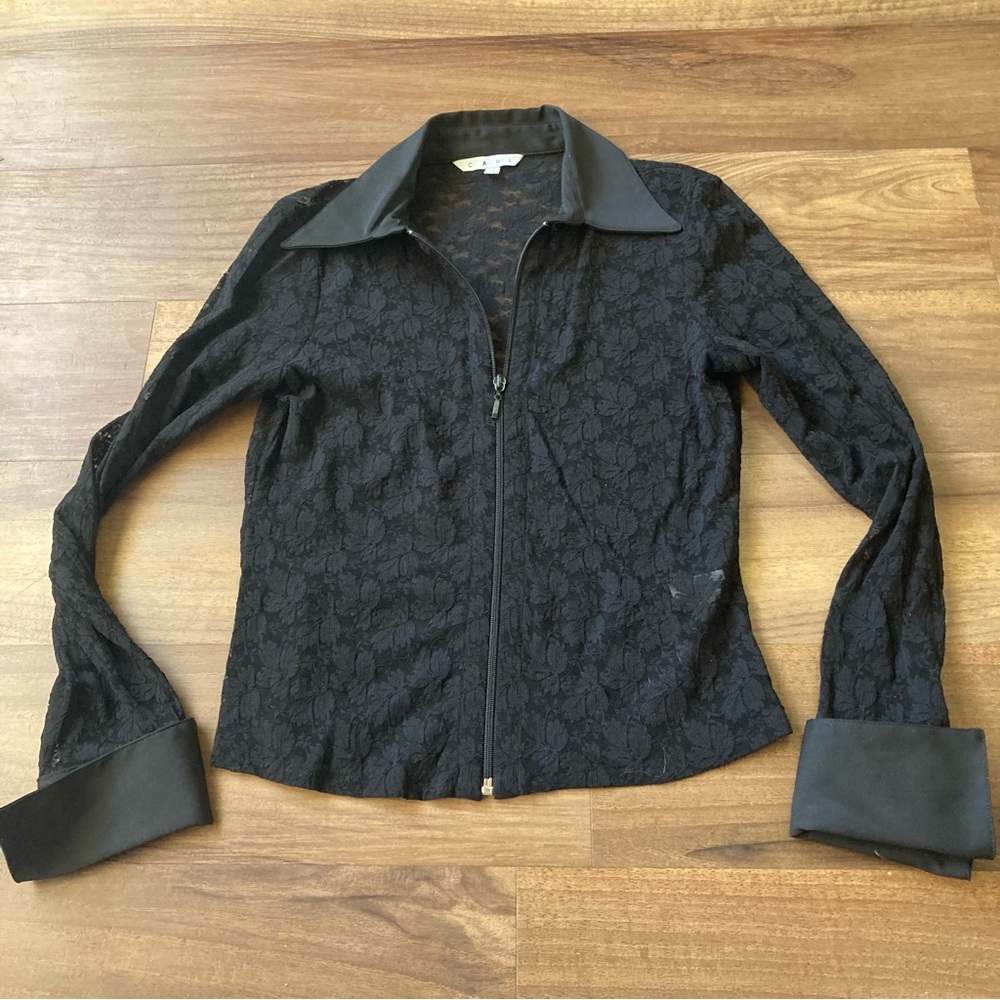 Vintage 90s Cabi Black Lace Zip Up Collared Long Sleeve Top Sz L Edgy